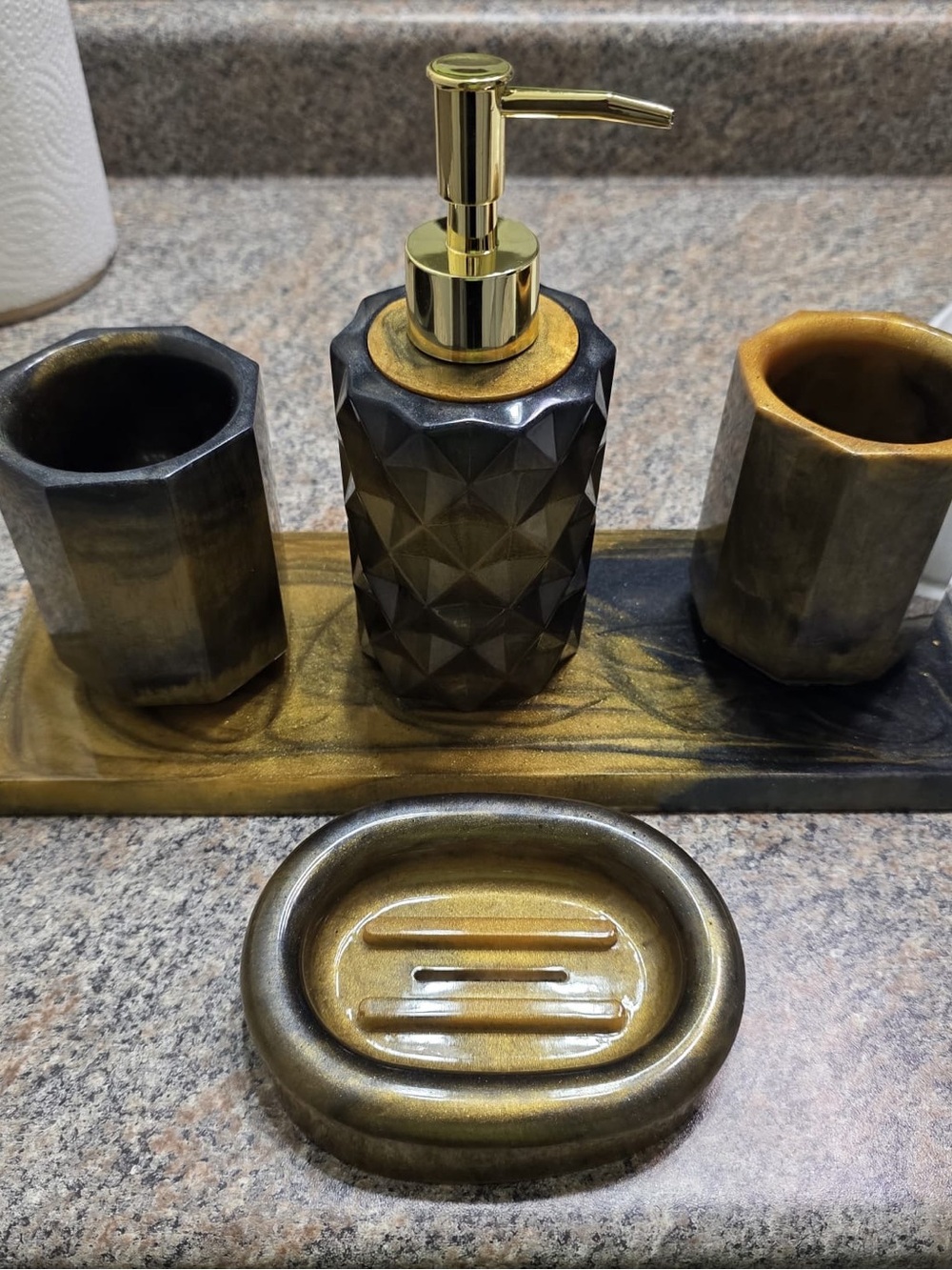 Gold and Black Epoxy Resin Bathroom Accessory Set -5-Piece Home Bath Collection